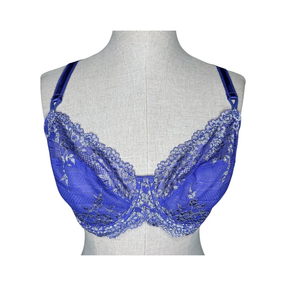 Wacoal Embrace Lace Underwire Bra sz 36D * Purple Silver Floral Scallop Unlined